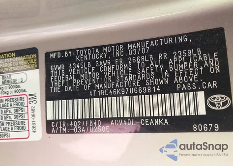 2007 Toyota Camry Le from USA, damaged, VIN 4T1BE46K97U669814